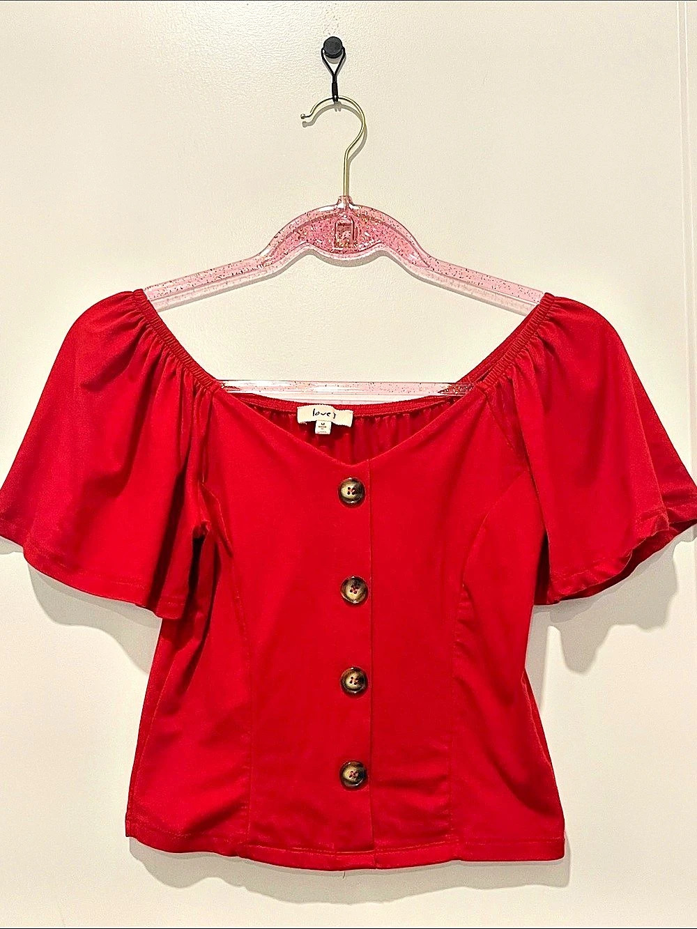love Red Puff Sleeve Crop Top Size Medium Like New